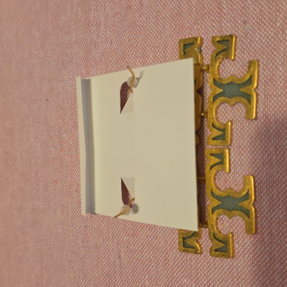 Tory Burch Gold-Trim Mint Green Logo Dangle Transparent Earrings - Picture 2 of 2